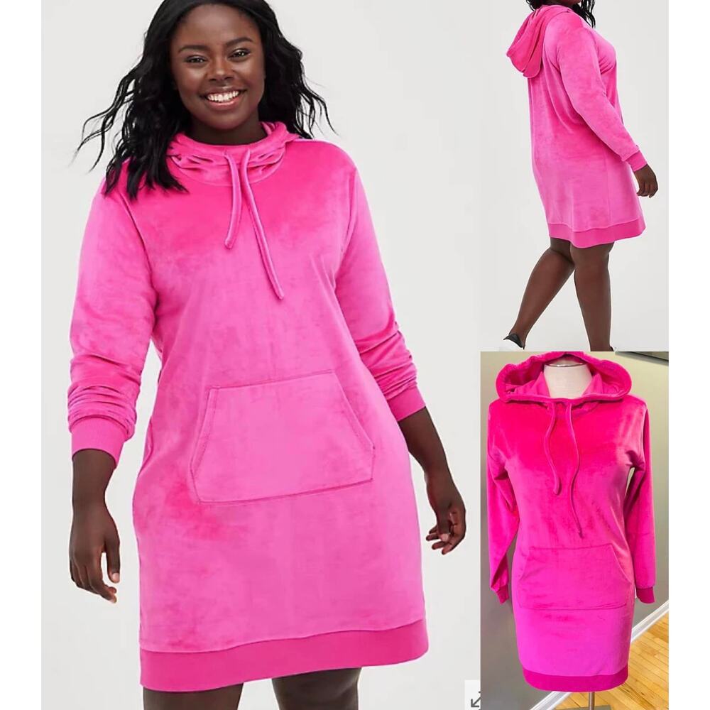 Torrid‎ 2 (2X 18/20) New Hot Pink Velour Hooded Hoodie Sweatshirt Dress w/Pocket